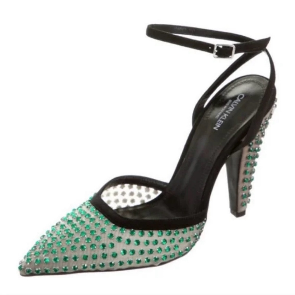 💚💚Calvin Klein Black and Green Mesh & Suede, Crystal Studded Heels- Size (41)💚💚